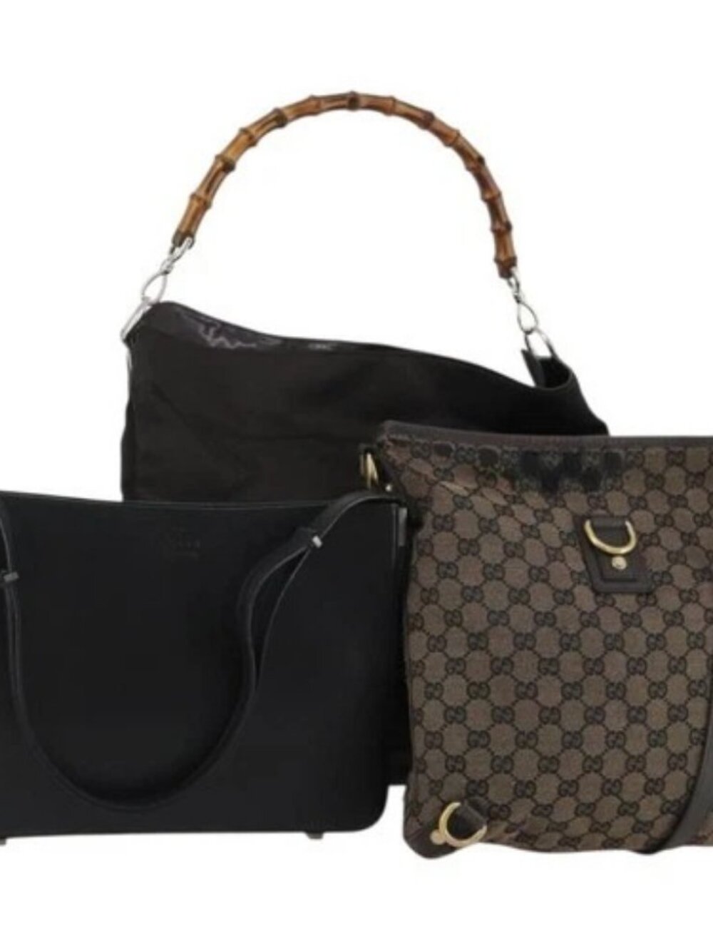 GUCCI GG Canvas Bamboo Shoulder Bag Leather Canvas 3 Set Brown Black Auth 187469